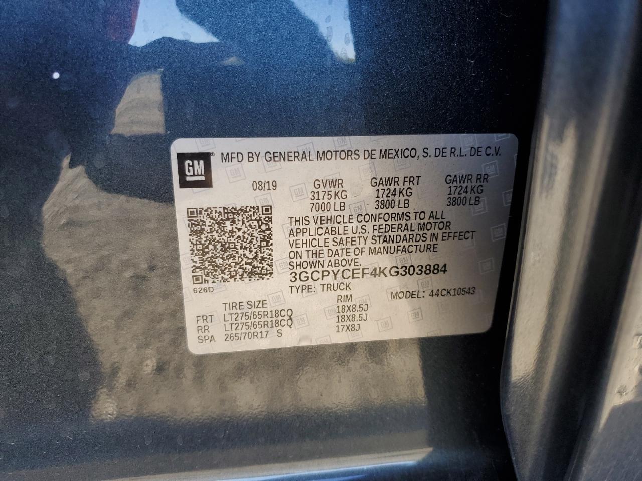 2019 Chevrolet Silverado VIN 3GCPYCEF4KG303884 Copart auction photo, front end / side damage thumbnail 14