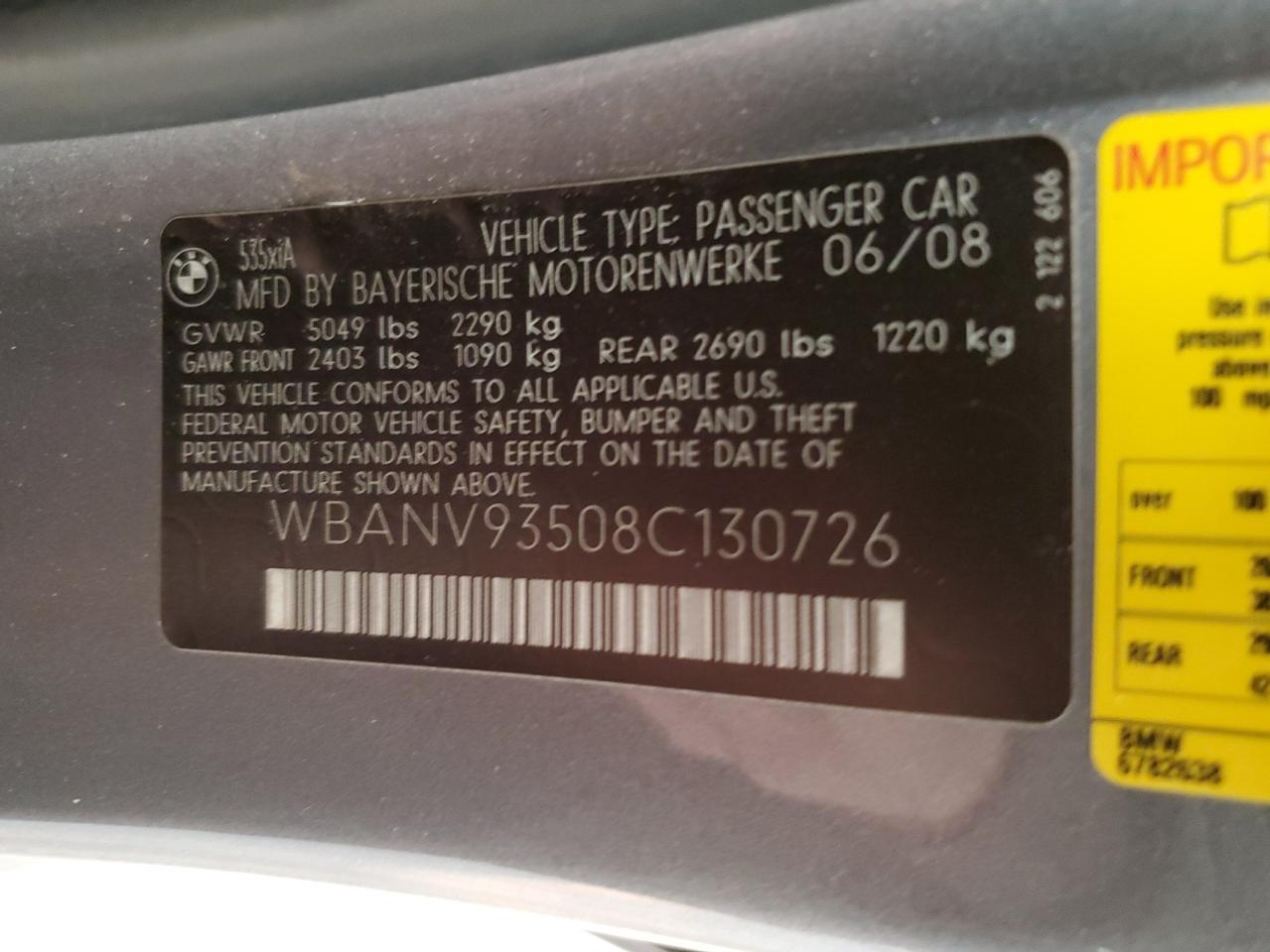 2008 BMW 5er VIN WBANV93508C130726 Copart auction photo, front end / rear end damage thumbnail 14
