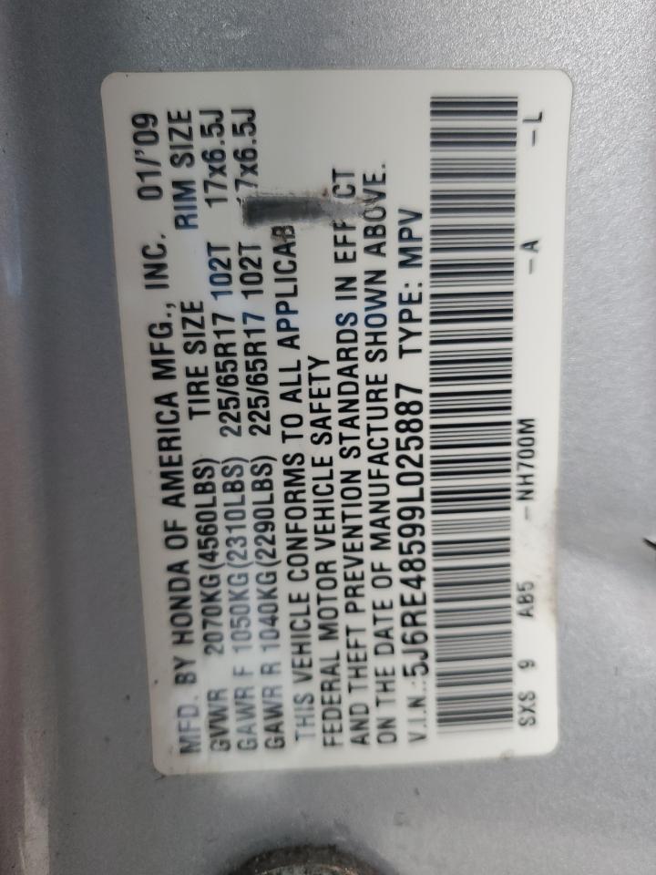 2009 Honda CR-V VIN 5J6RE48599L025887 Copart auction photo, front end / mechanical damage thumbnail 16