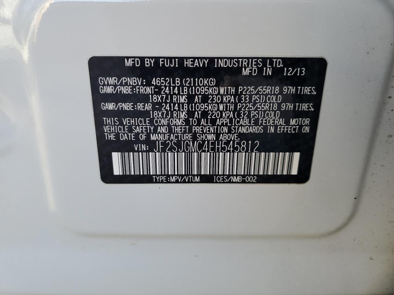 2014 Subaru Forester VIN JF2SJGMC4EH545812 Copart auction photo, front end / rear end damage thumbnail 13