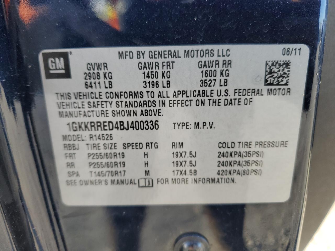 2011 GMC Acadia VIN 1GKKRRED4BJ400336 Copart auction photo, front end damage thumbnail 15
