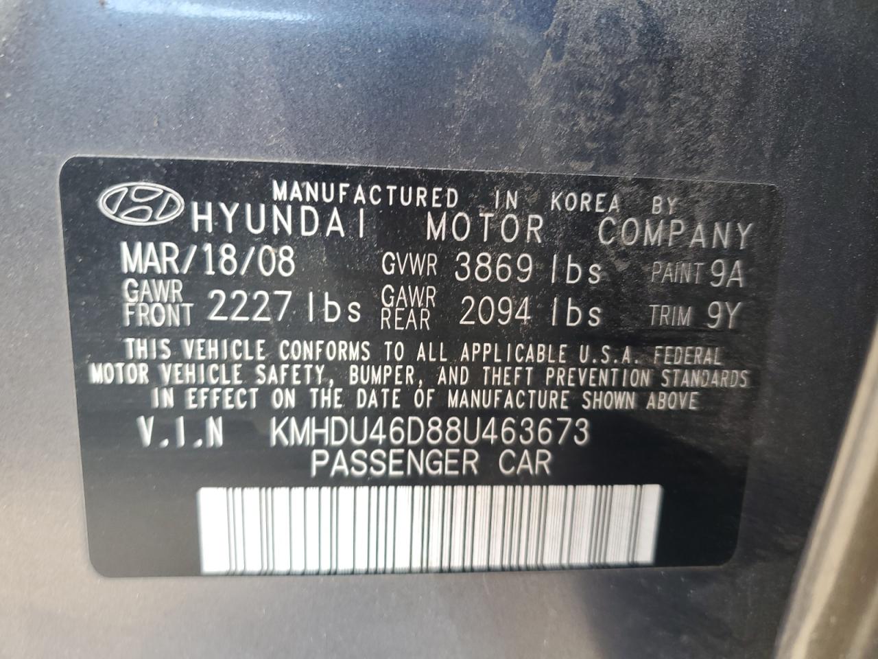 2008 Hyundai Elantra VIN KMHDU46D88U463673 Copart auction photo, mechanical damage thumbnail 12