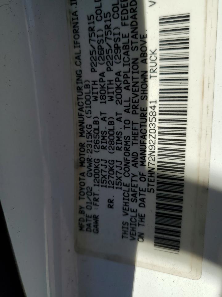 2002 Toyota Tacoma VIN 5TEHN72N92Z035841 Copart auction photo, front end damage thumbnail 12