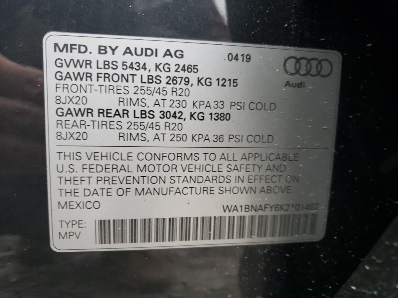 2019 Audi Q5 VIN WA1BNAFY6K2101462 Copart auction photo, all over / front end damage thumbnail 14