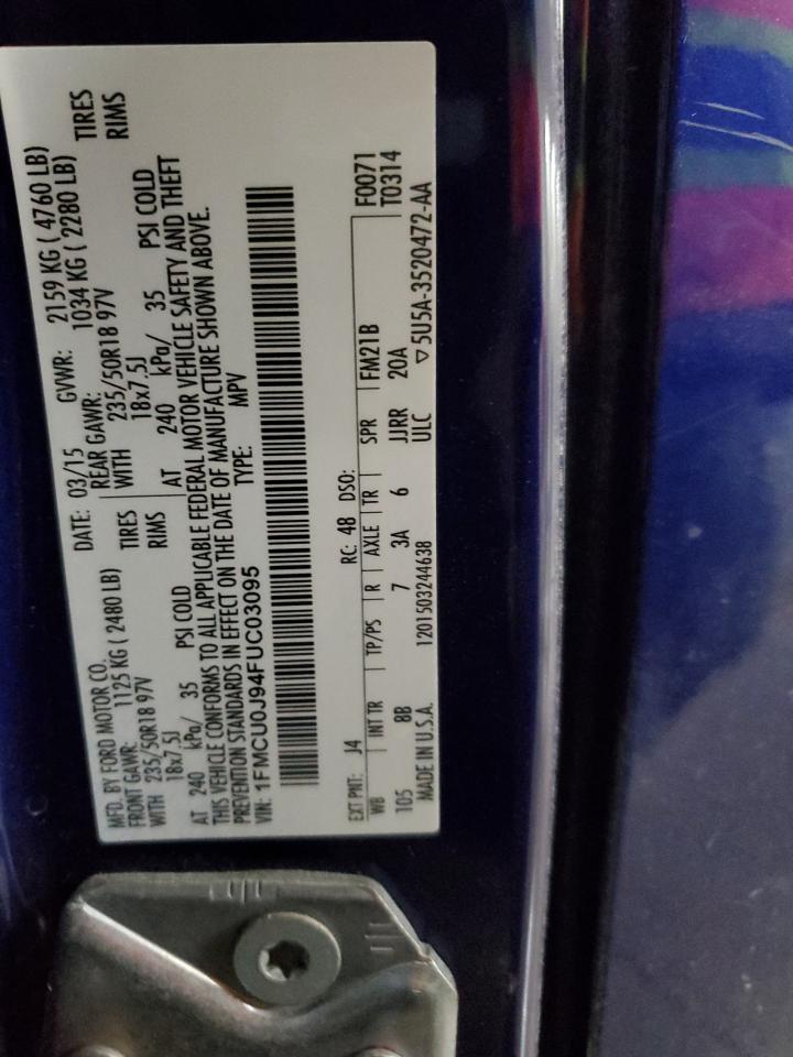 2015 Ford Escape VIN 1FMCU0J94FUC03095 Copart auction photo, front end / undercarriage damage thumbnail 14