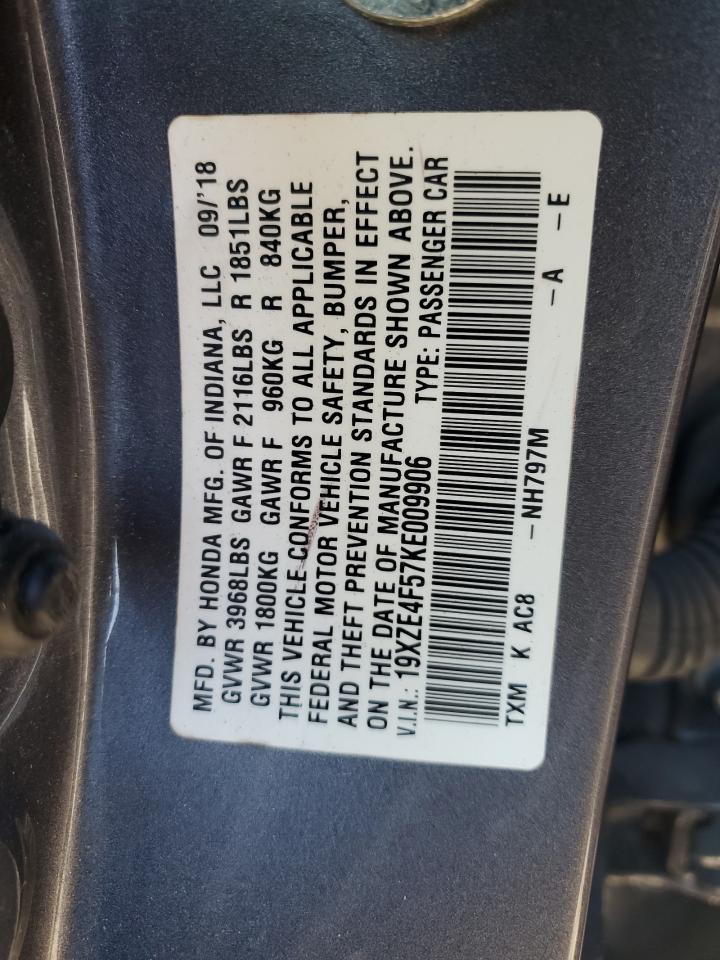 2019 Honda Insight VIN 19XZE4F57KE009906 Copart auction photo, side / front end damage thumbnail 12