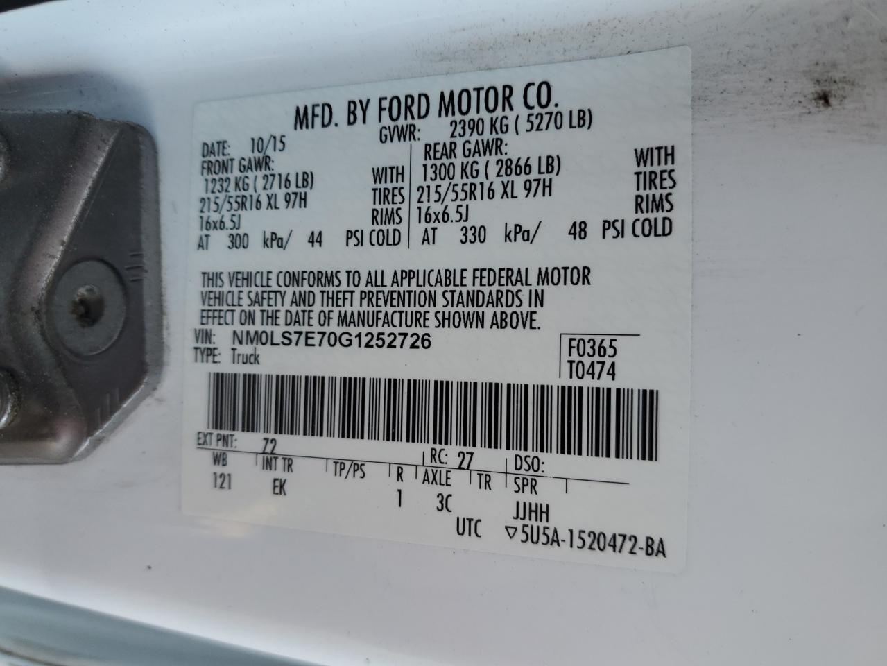 2016 Ford Transit VIN NM0LS7E70G1252726 Copart auction photo, mechanical damage thumbnail 12