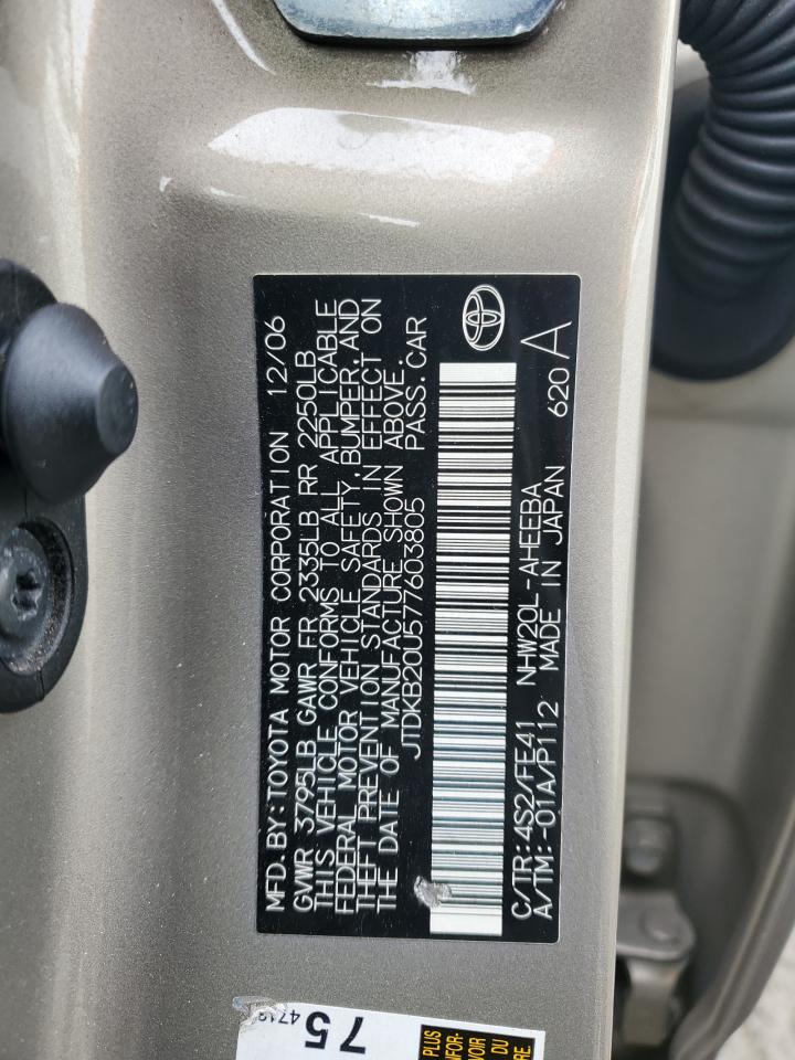 2007 Toyota Prius VIN JTDKB20U577603805 Copart auction photo, rear end / front end damage thumbnail 13
