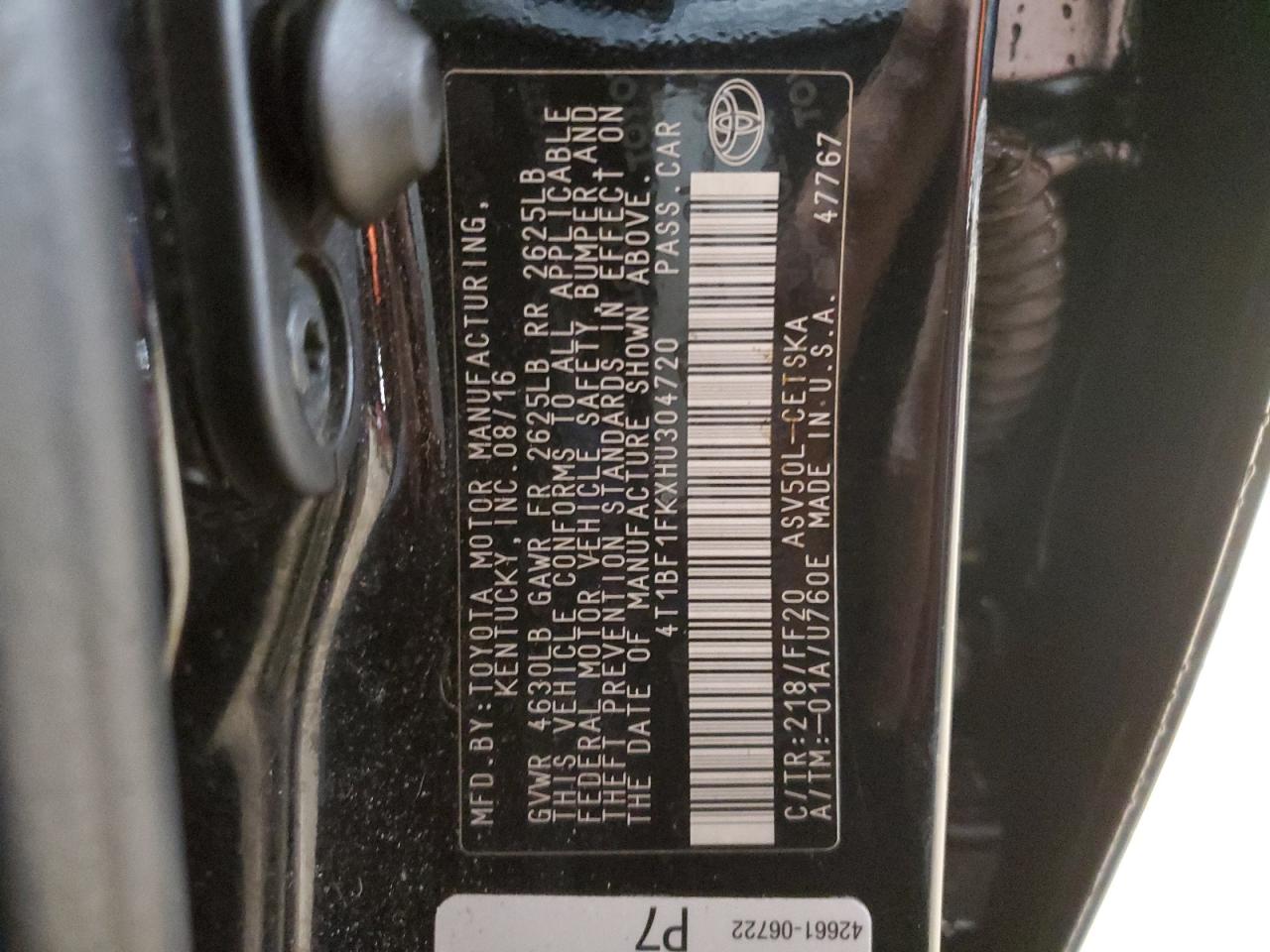 2017 Toyota Camry VIN 4T1BF1FKXHU304720 Copart auction photo, front end / side damage thumbnail 13