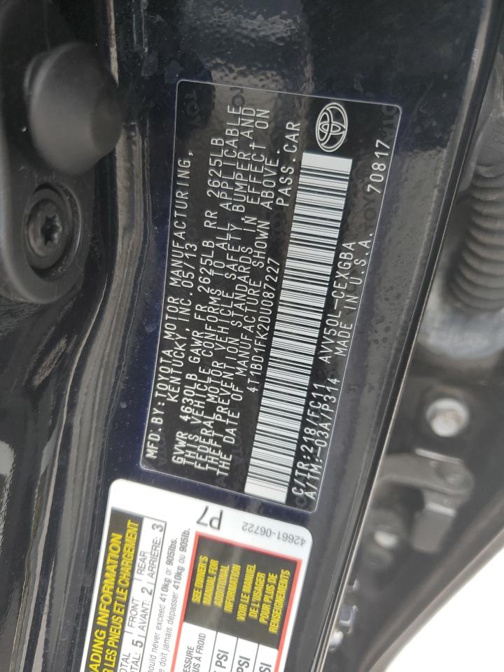 2013 Toyota Camry VIN 4T1BD1FK2DU087227 Copart auction photo, front end / side damage thumbnail 14