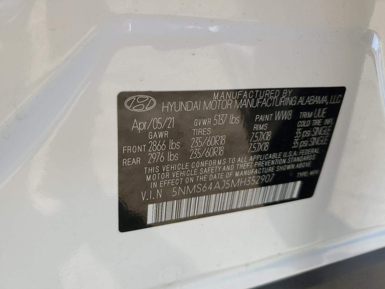 2021 Hyundai Santa Fe VIN 5NMS64AJ5MH352907 Copart auction photo, front end damage thumbnail 15
