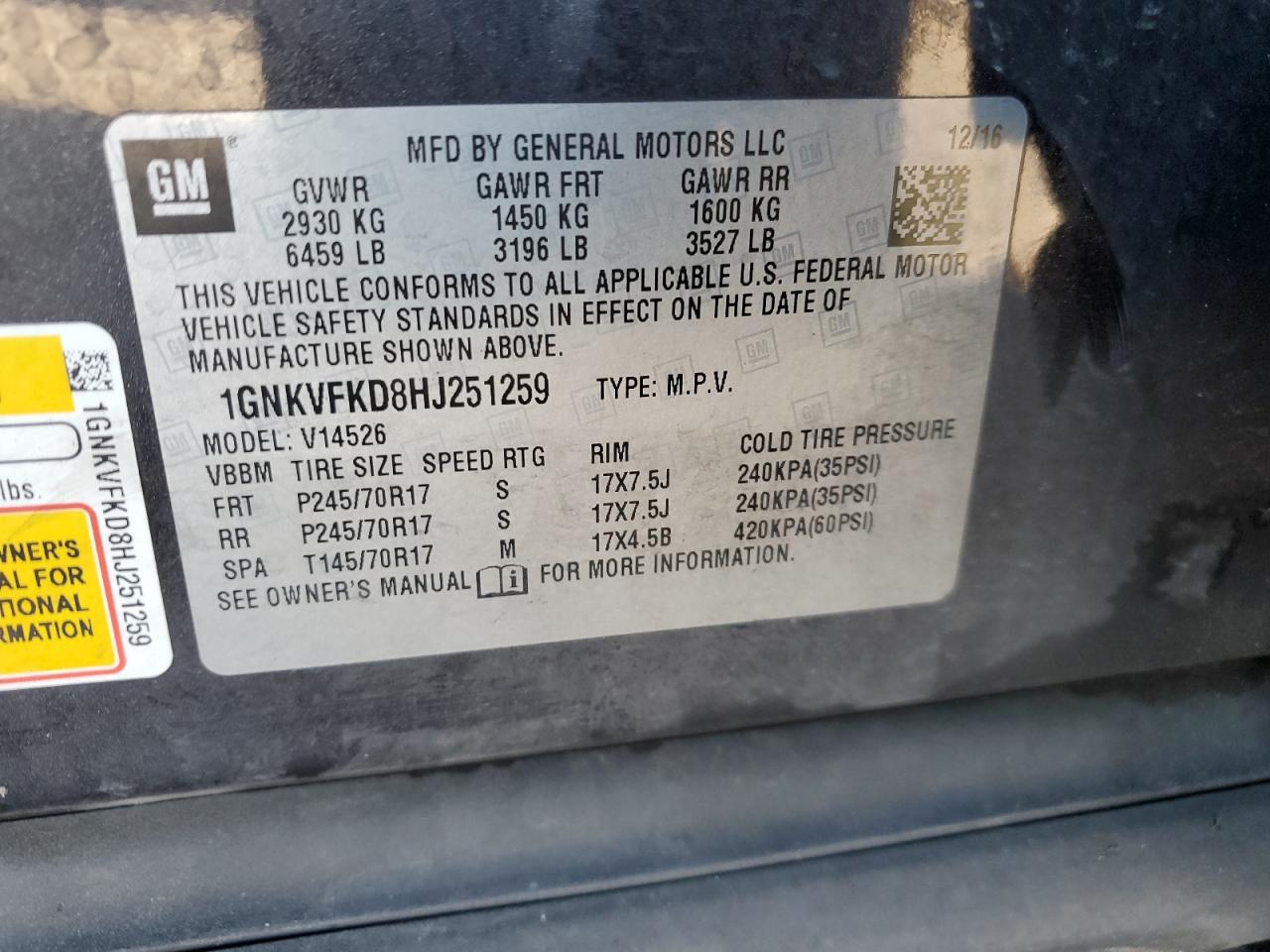 2017 Chevrolet Traverse VIN 1GNKVFKD8HJ251259 Copart auction photo, front end damage thumbnail 13
