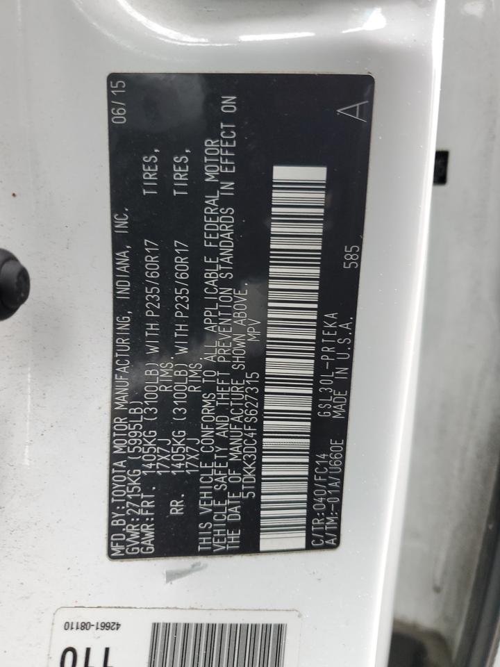 2015 Toyota Sienna VIN 5TDKK3DC4FS627315 Copart auction photo, side damage thumbnail 13