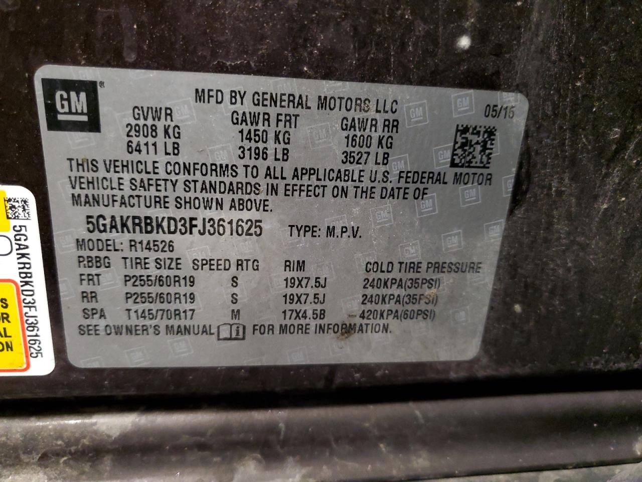 2015 Buick Enclave VIN 5GAKRBKD3FJ361625 Copart auction photo, front end damage thumbnail 13