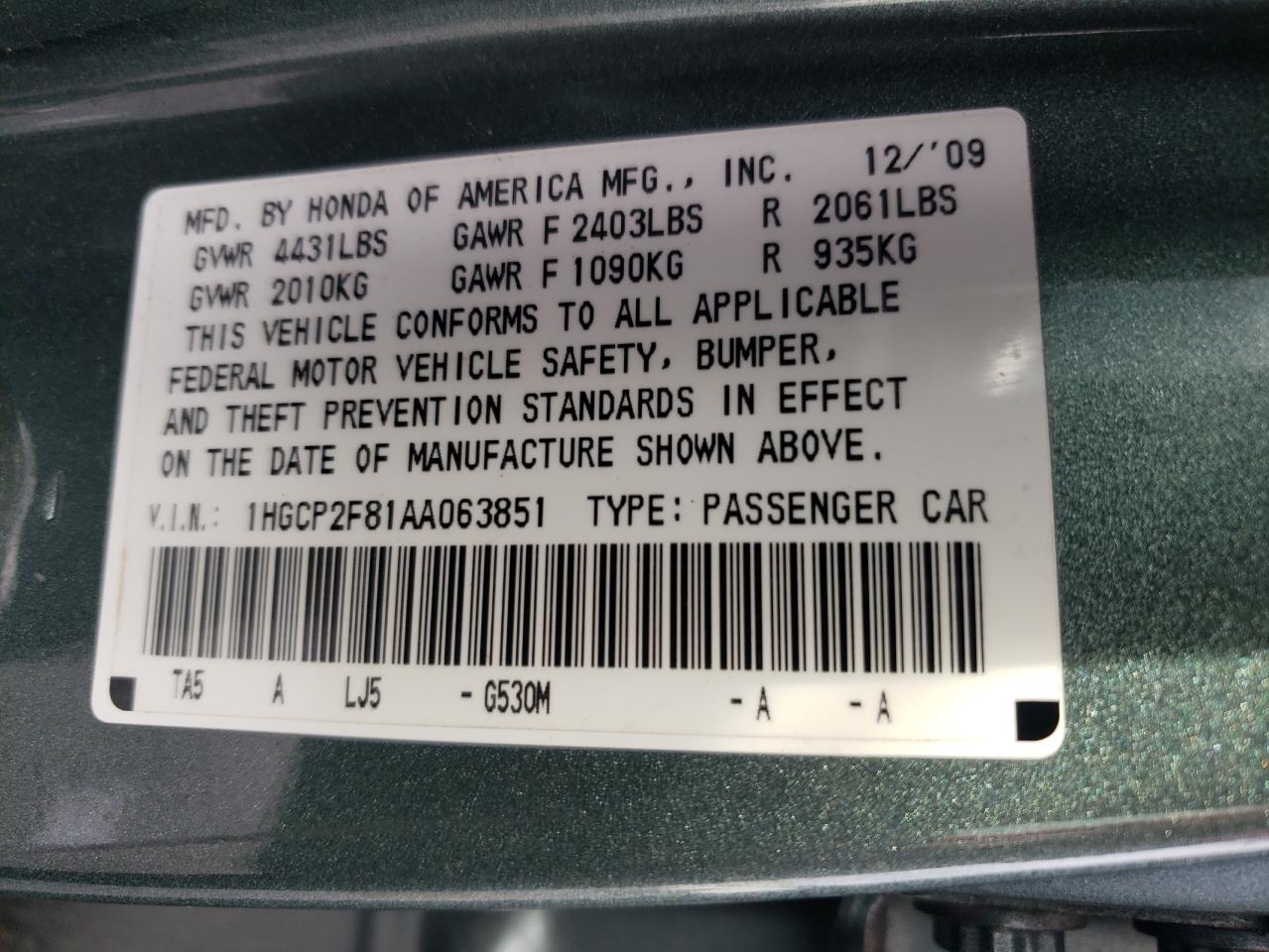 2010 Honda Accord VIN 1HGCP2F81AA063851 Copart auction photo, front end damage thumbnail 12