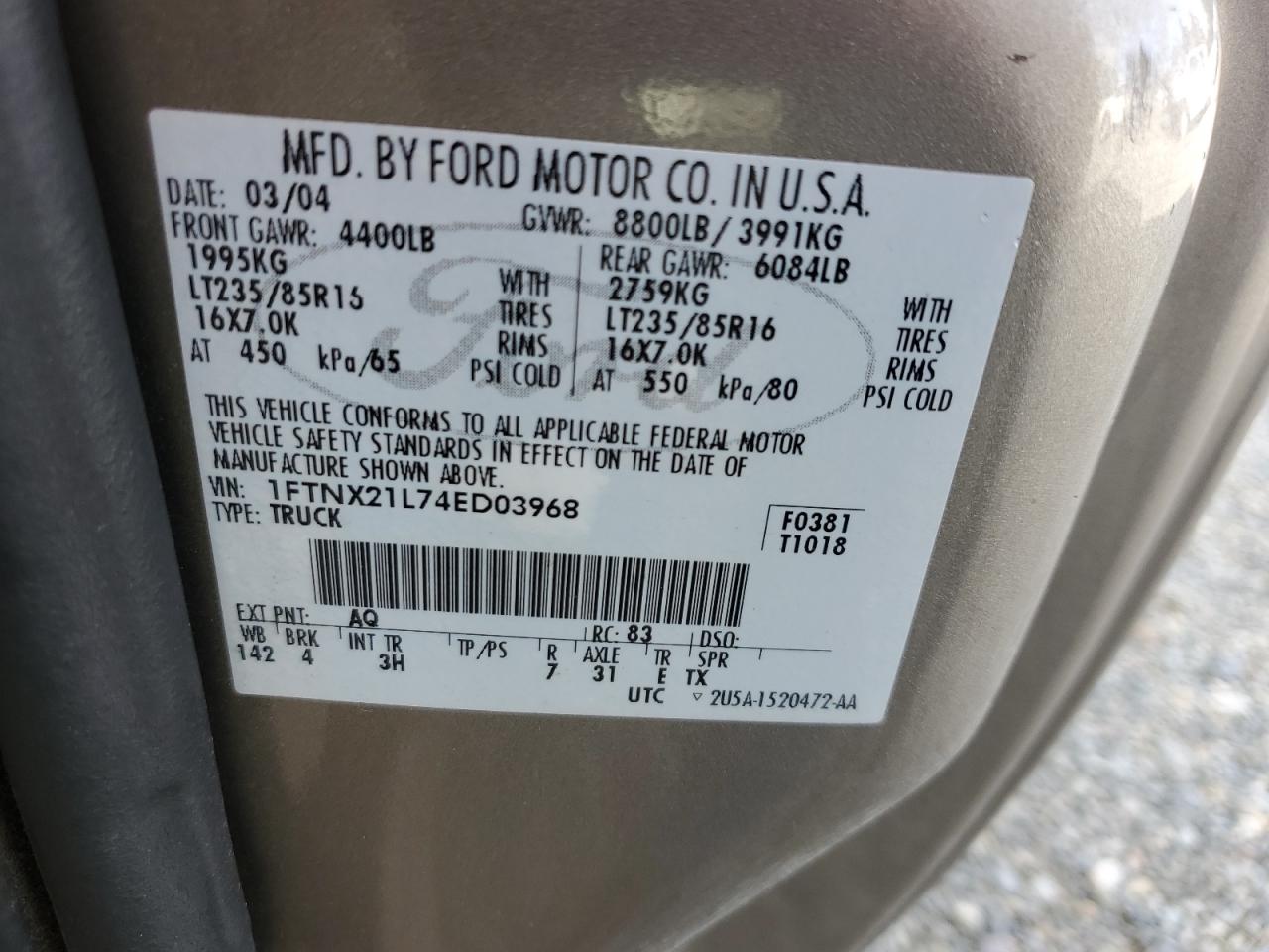 2004 Ford F250 VIN 1FTNX21L74ED03968 Copart auction photo, rear end / front end damage thumbnail 14