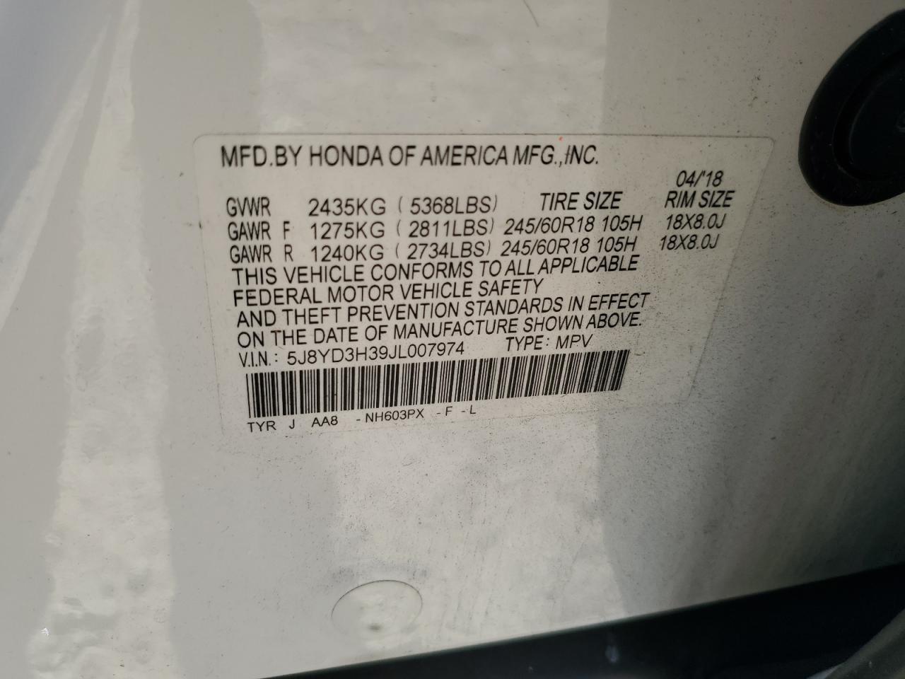 2018 Acura MDX VIN 5J8YD3H39JL007974 Copart auction photo, front end / undercarriage damage thumbnail 15