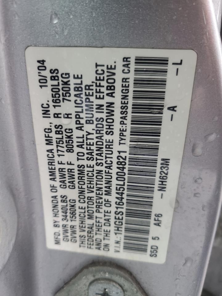 2005 Honda Civic VIN 1HGES16445L004821 Copart auction photo, front end / minor dent/scratches damage thumbnail 14