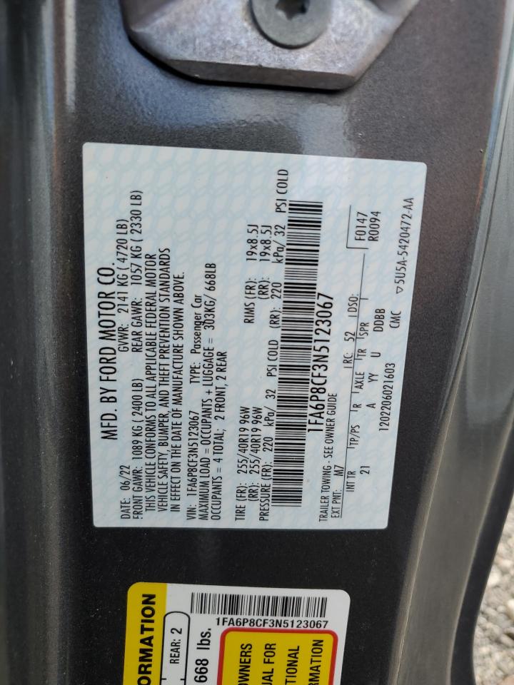 2022 Ford Mustang VIN 1FA6P8CF3N5123067 Copart auction photo, front end / side damage thumbnail 12