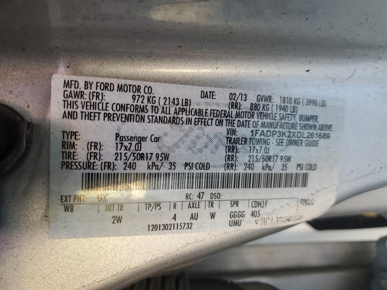 2013 Ford Focus VIN 1FADP3K2XDL261689 Copart auction photo, front end / side damage thumbnail 14