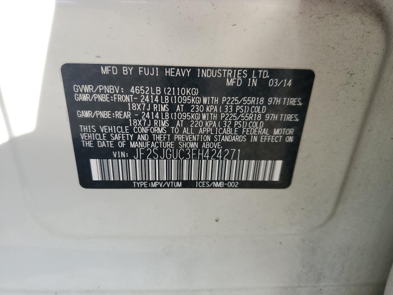 2015 Subaru Forester VIN JF2SJGUC3FH424271 Copart auction photo, rear end / minor dent/scratches damage thumbnail 14