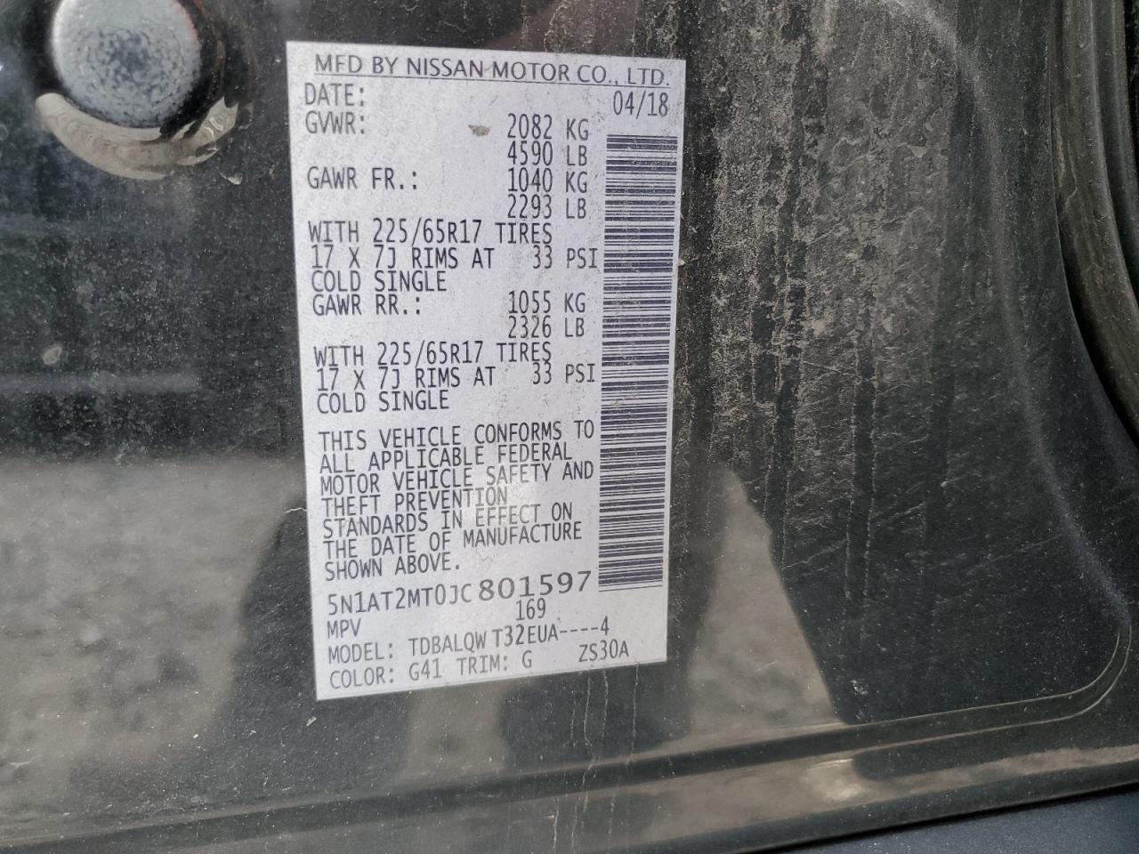 2018 Nissan Rogue VIN 5N1AT2MT0JC801597 Copart auction photo, front end / rear end damage thumbnail 13
