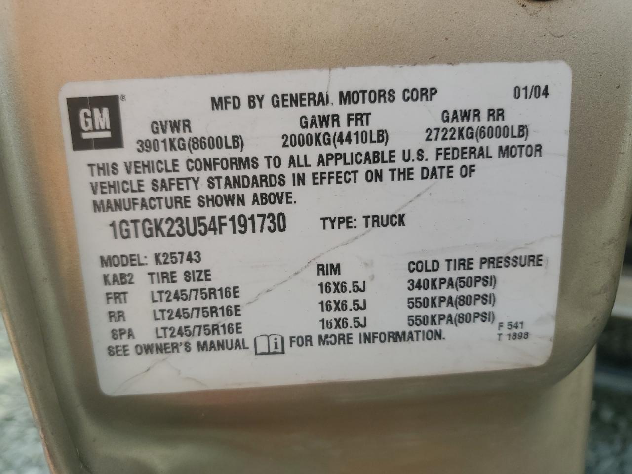 2004 GMC Sierra VIN 1GTGK23U54F191730 Copart auction photo, all over damage thumbnail 12