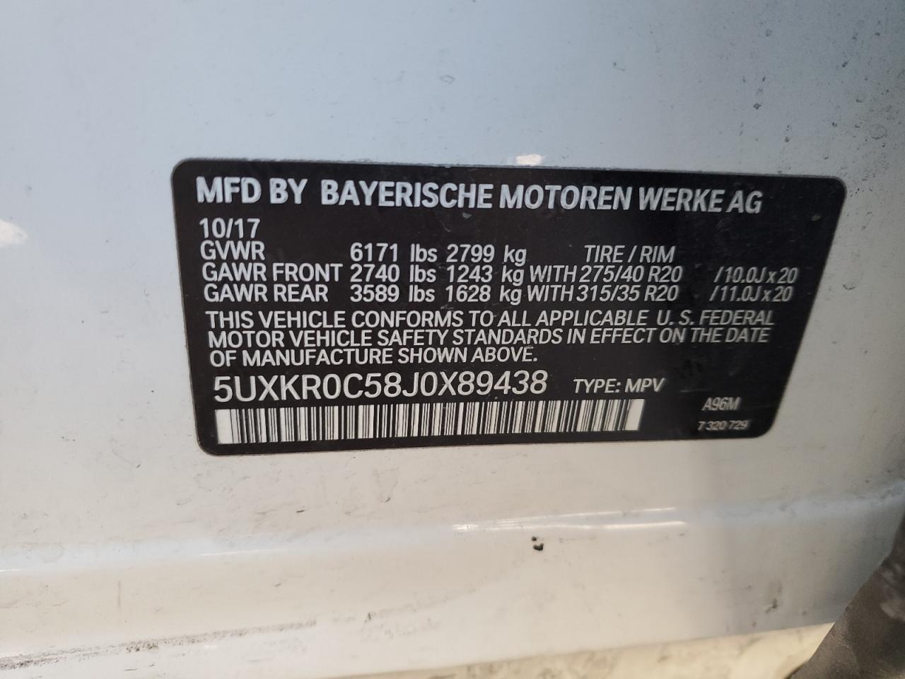 2018 BMW X5 VIN 5UXKR0C58J0X89438 Copart auction photo, all over damage thumbnail 13