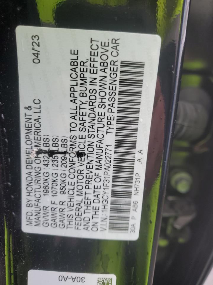 2023 Honda Accord VIN 1HGCY1F31PA022771 Copart auction photo, front end damage thumbnail 12