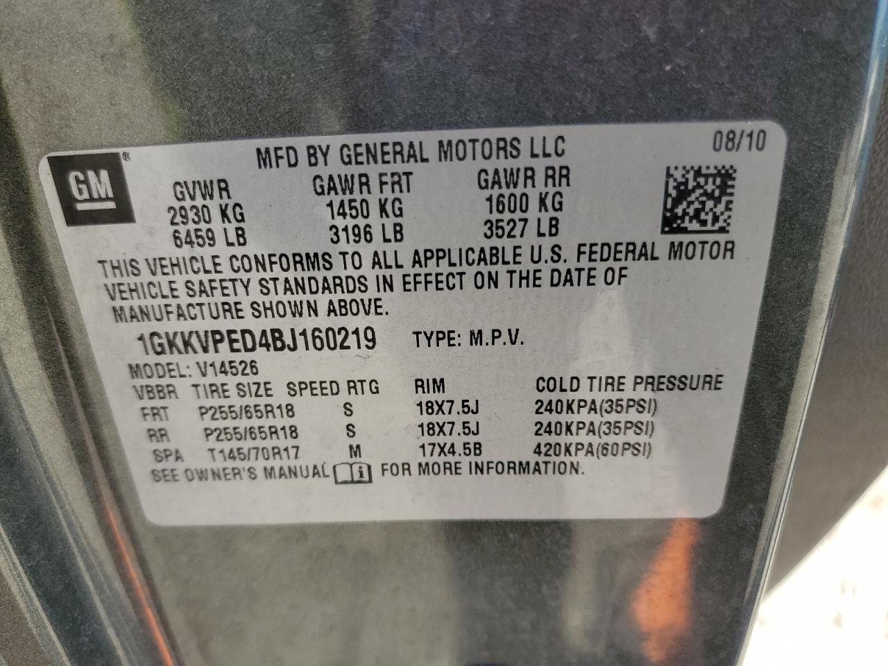 2011 GMC Acadia VIN 1GKKVPED4BJ160219 Copart auction photo, mechanical damage thumbnail 13