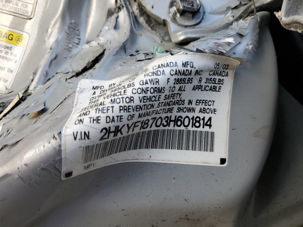2003 Honda Pilot VIN 2HKYF18703H601814 Copart auction photo, all over damage thumbnail 13
