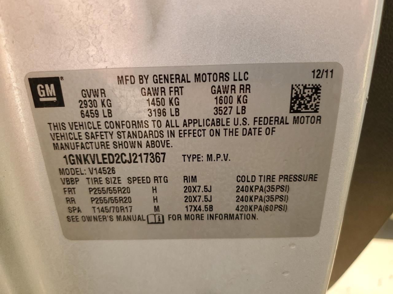 2012 Chevrolet Traverse VIN 1GNKVLED2CJ217367 Copart auction photo, hail / front end damage thumbnail 13