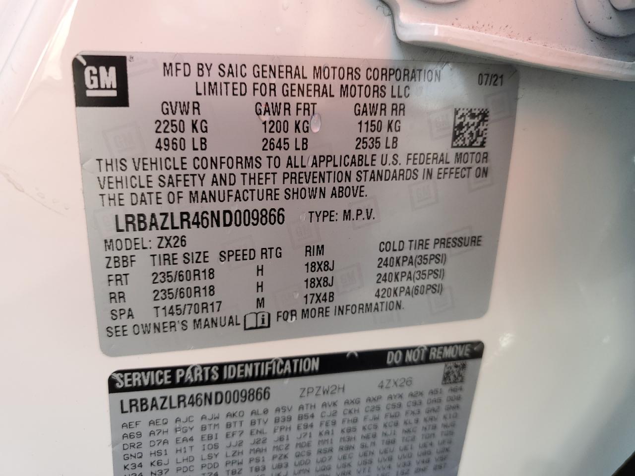 2022 Buick Envision VIN LRBAZLR46ND009866 Copart auction photo, front end damage thumbnail 13