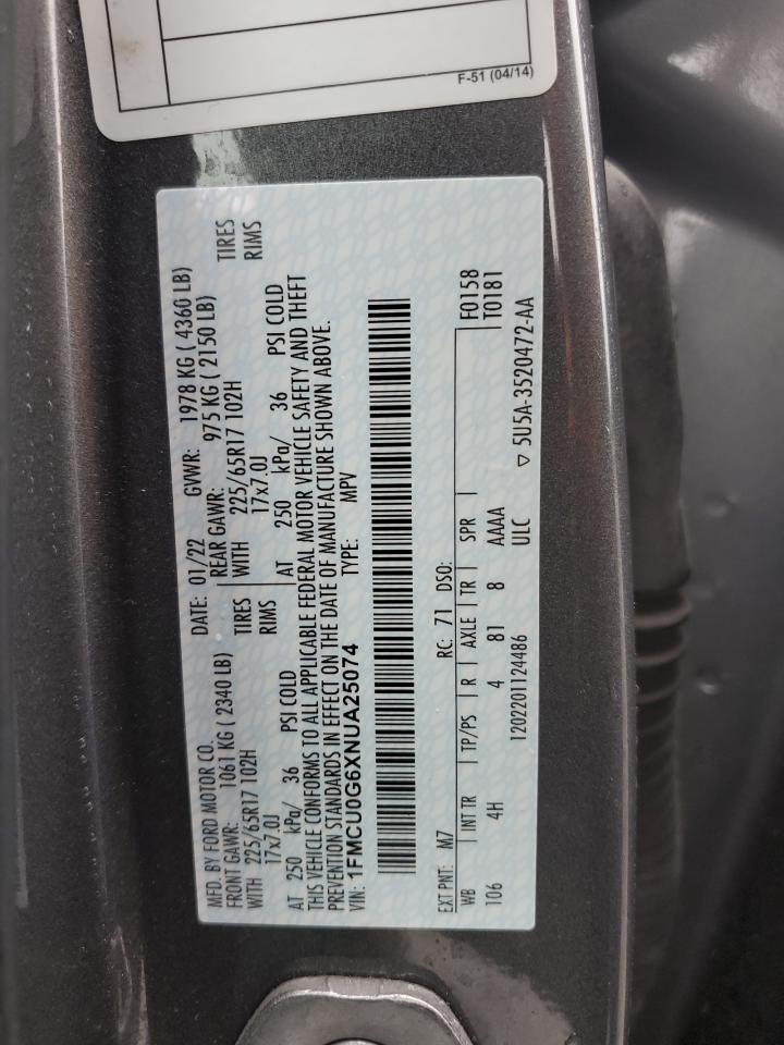2022 Ford Escape VIN 1FMCU0G6XNUA25074 Copart auction photo, rear end / front end damage thumbnail 15
