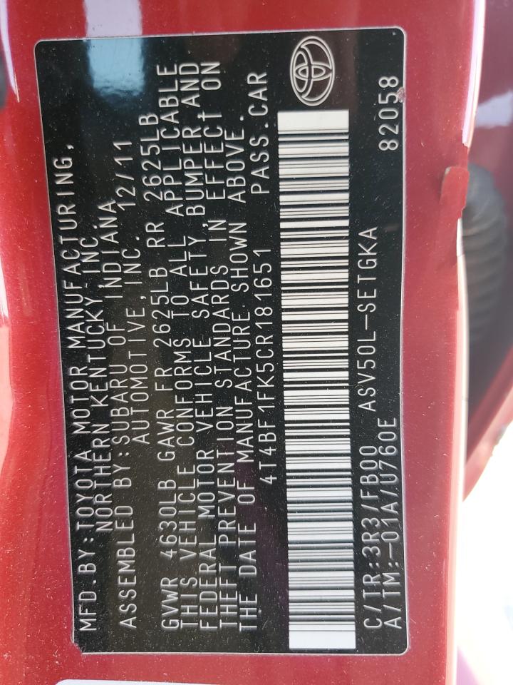 2012 Toyota Camry VIN 4T4BF1FK5CR181651 Copart auction photo, all over damage thumbnail 14