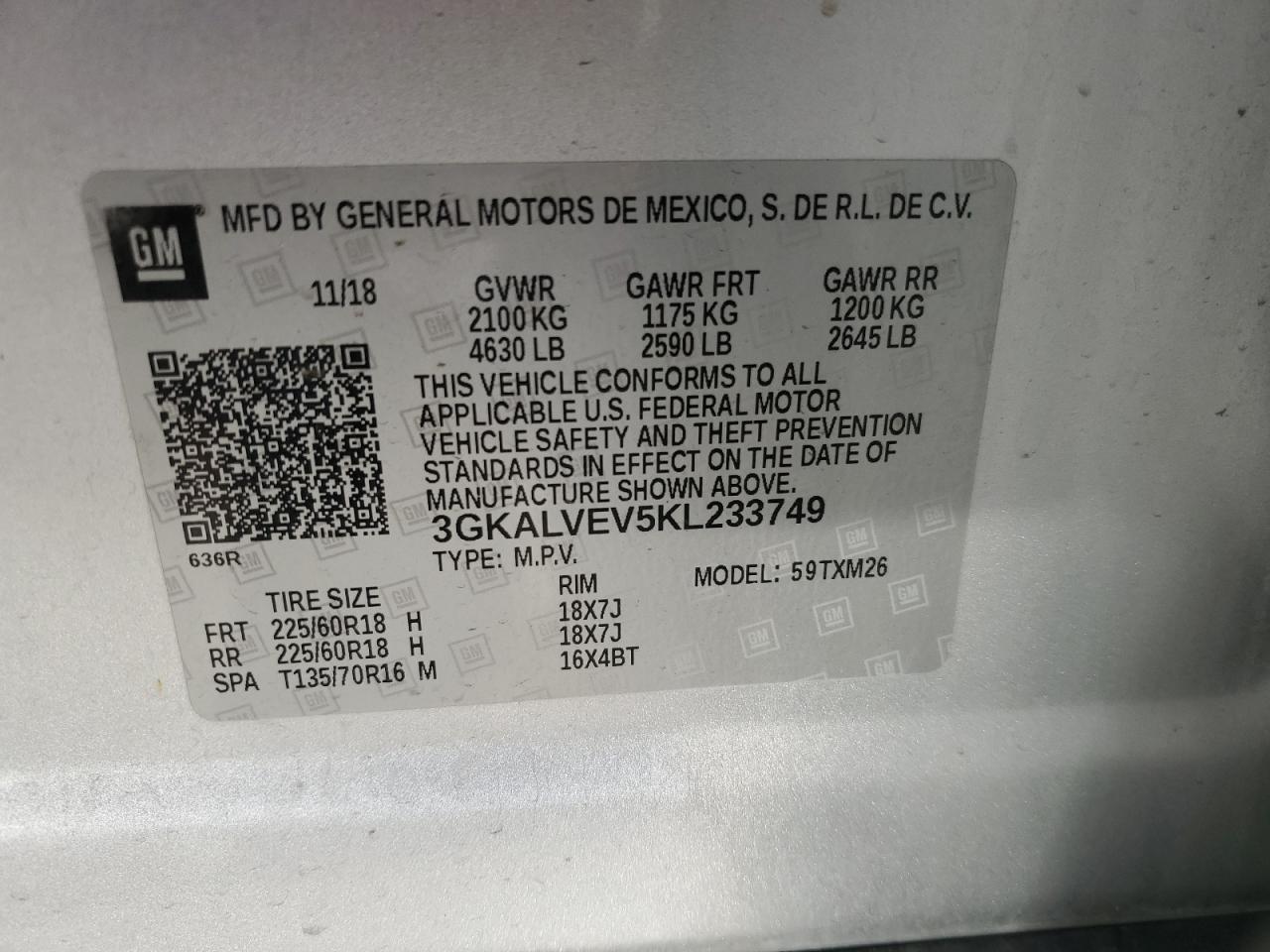 2019 GMC Terrain VIN 3GKALVEV5KL233749 Copart auction photo, front end / minor dent/scratches damage thumbnail 13