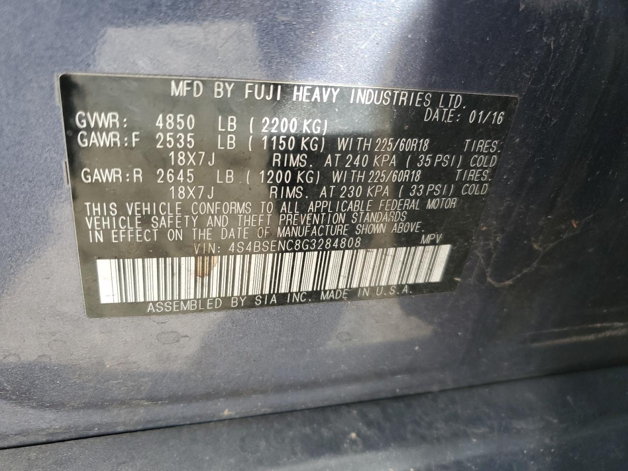 2016 Subaru Outback VIN 4S4BSENC8G3284808 Copart auction photo, rear end damage thumbnail 15