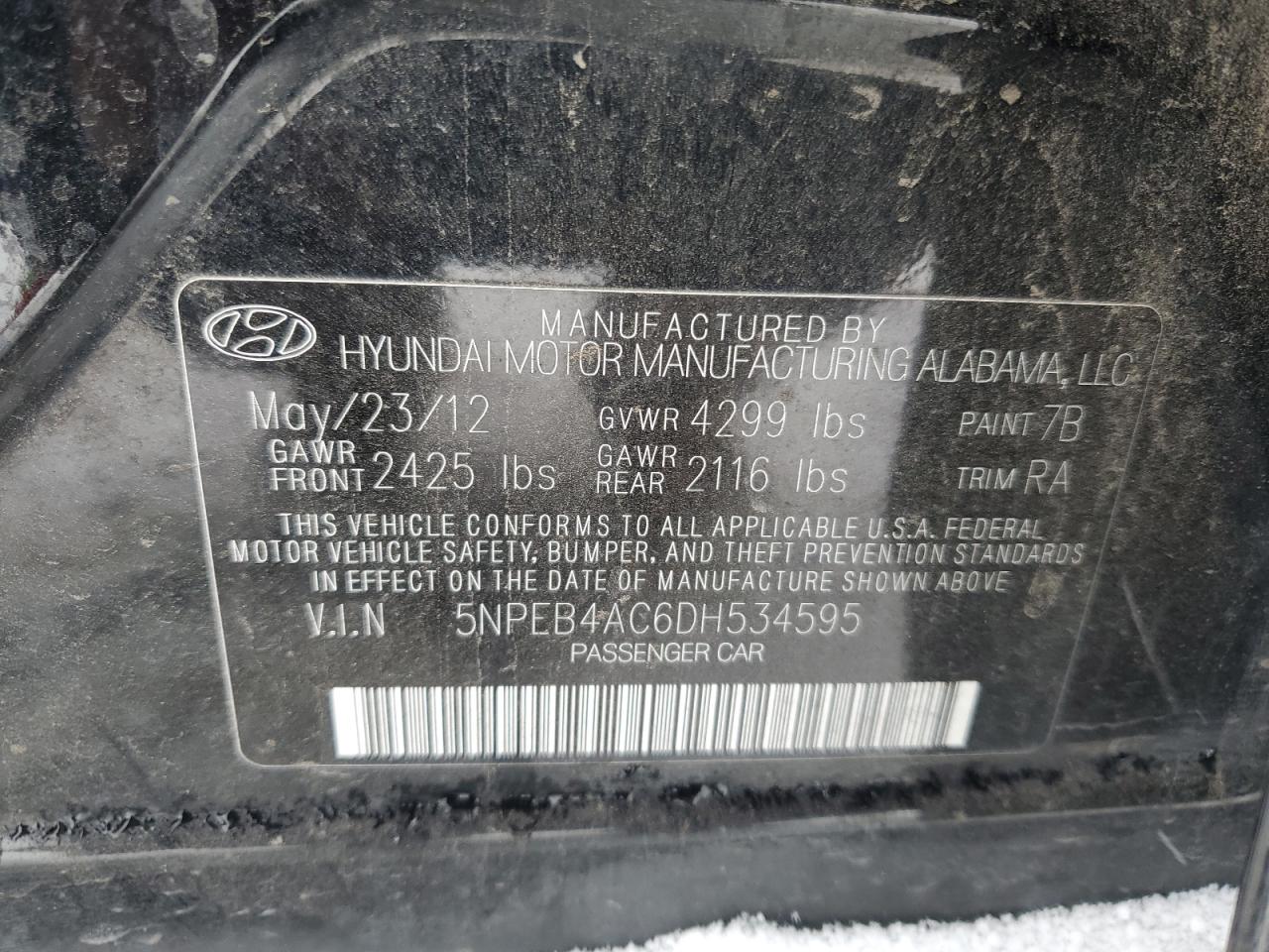 2013 Hyundai Sonata VIN 5NPEB4AC6DH534595 Copart auction photo, vandalism / front end damage thumbnail 12