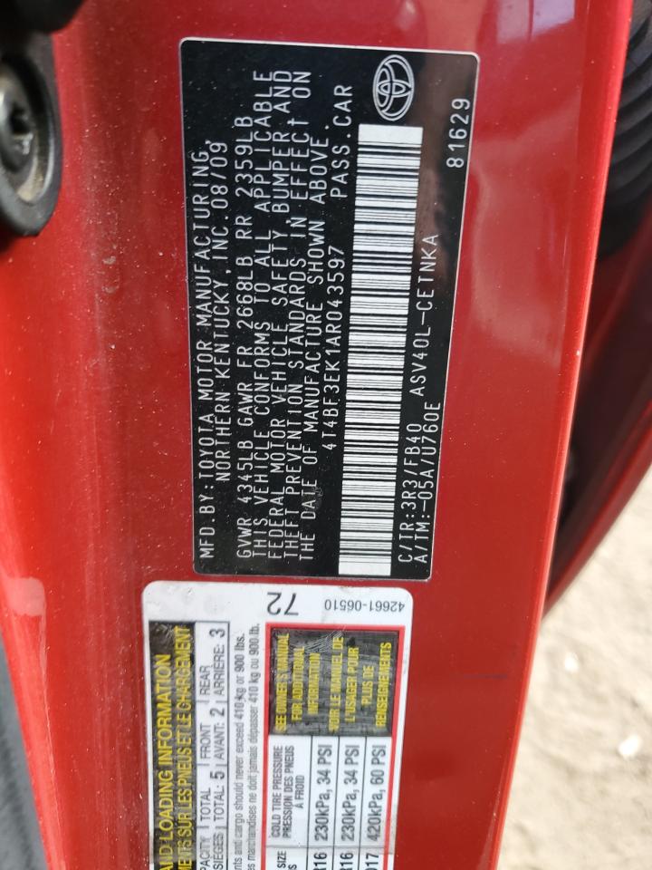 2010 Toyota Camry VIN 4T4BF3EK1AR043597 Copart auction photo, front end damage thumbnail 13