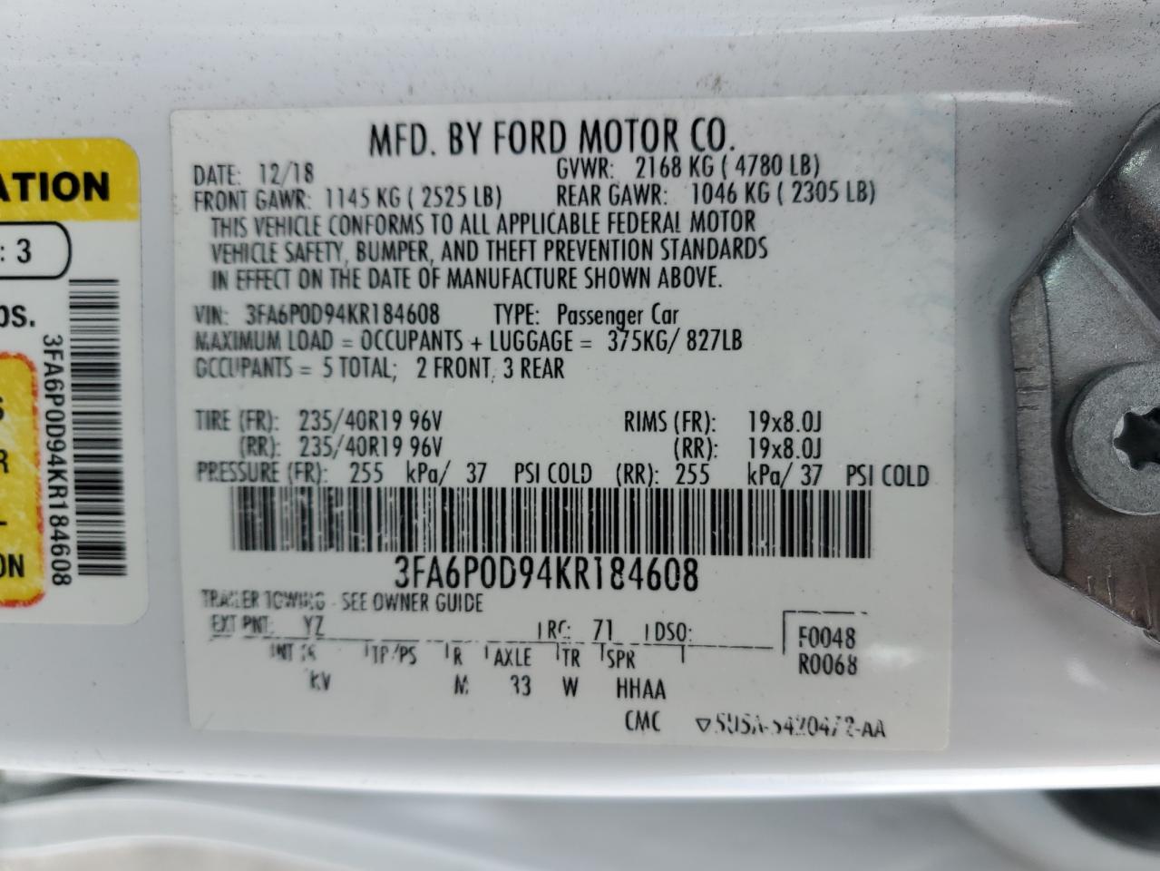 2019 Ford Fusion VIN 3FA6P0D94KR184608 Copart auction photo, side damage thumbnail 14