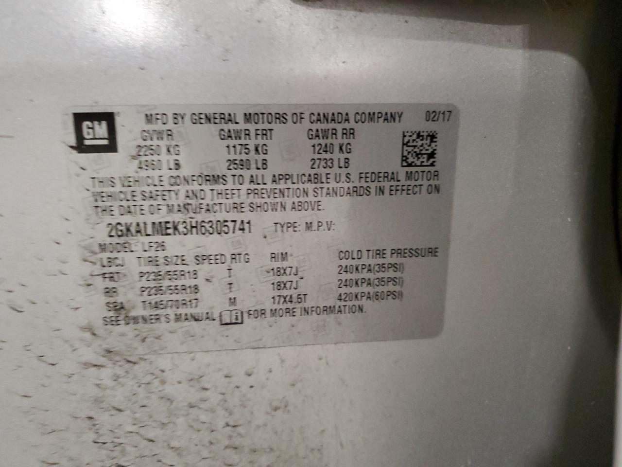 2017 GMC Terrain VIN 2GKALMEK3H6305741 Copart auction photo, mechanical damage thumbnail 13