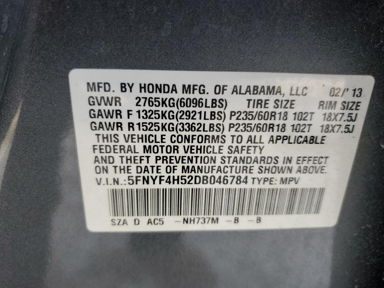 2013 Honda Pilot VIN 5FNYF4H52DB046784 Copart auction photo, side damage thumbnail 13