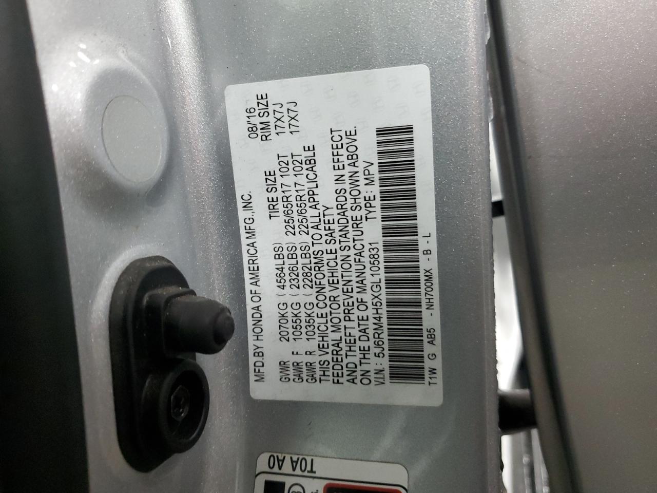 2016 Honda CR-V VIN 5J6RM4H5XGL105831 Copart auction photo, rear end / front end damage thumbnail 14