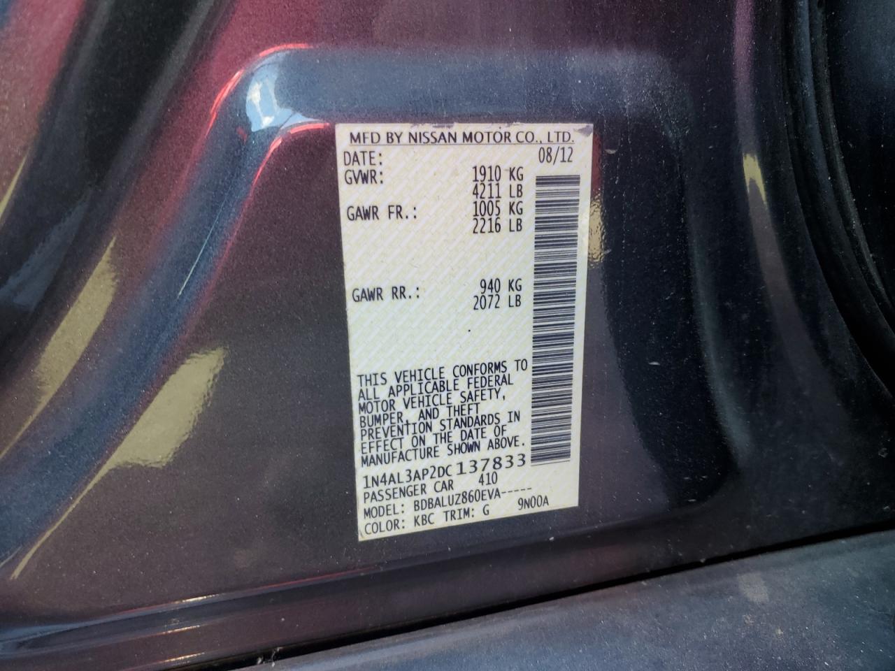 2013 Nissan Altima VIN 1N4AL3AP2DC137833 Copart auction photo, front end / side damage thumbnail 13