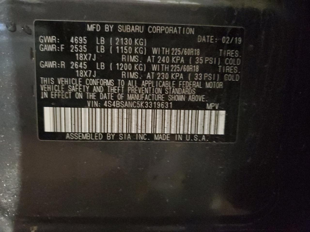 2019 Subaru Outback VIN 4S4BSANC5K3319631 Copart auction photo, side / front end damage thumbnail 12