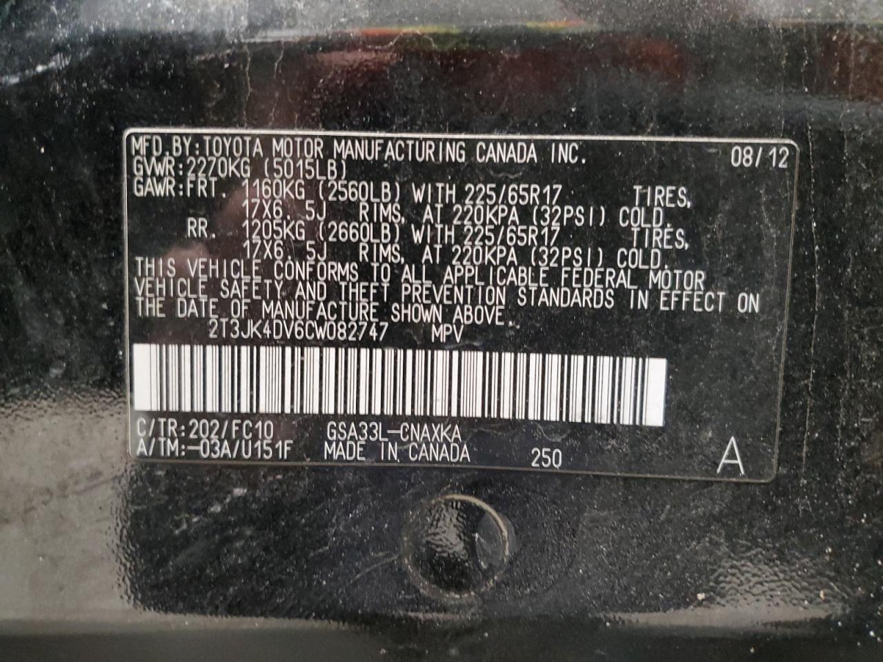 2012 Toyota RAV 4 VIN 2T3JK4DV6CW082747 Copart auction photo, side / front end damage thumbnail 13
