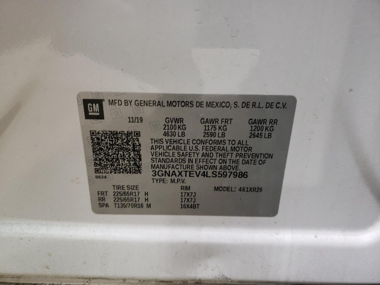 2020 Chevrolet Equinox VIN 3GNAXTEV4LS597986 Copart auction photo, front end / side damage thumbnail 13