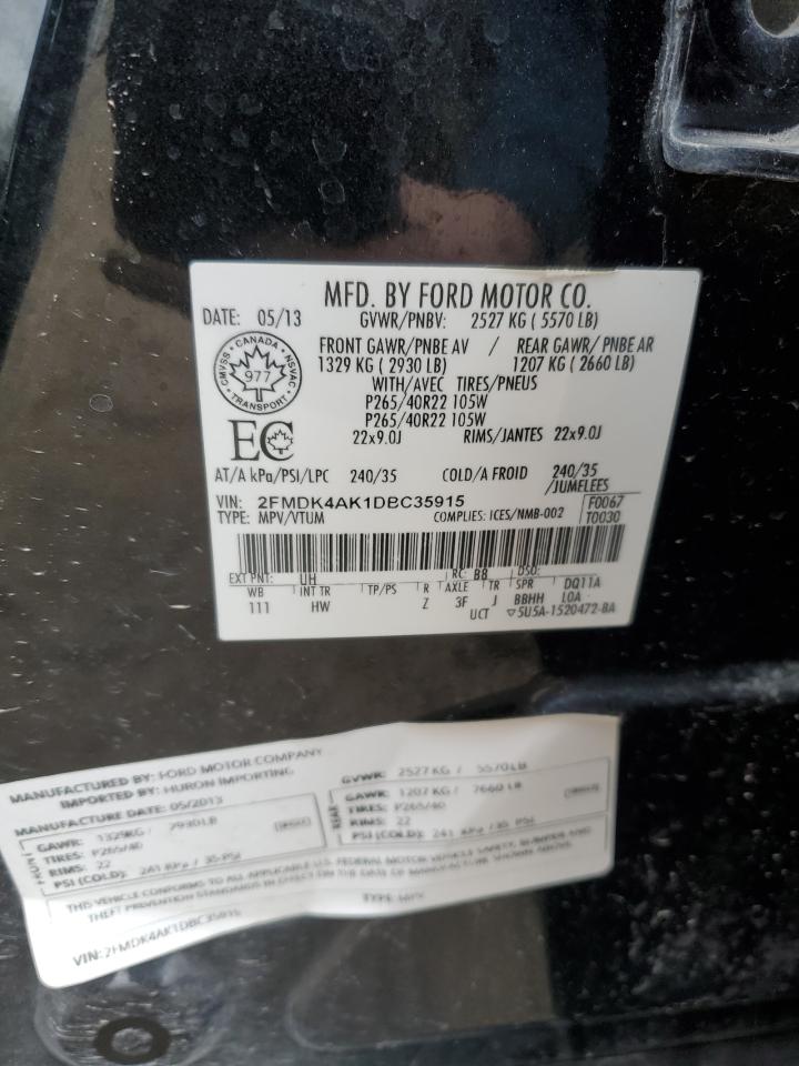 2013 Ford Edge VIN 2FMDK4AK1DBC35915 Copart auction photo, front end damage thumbnail 13