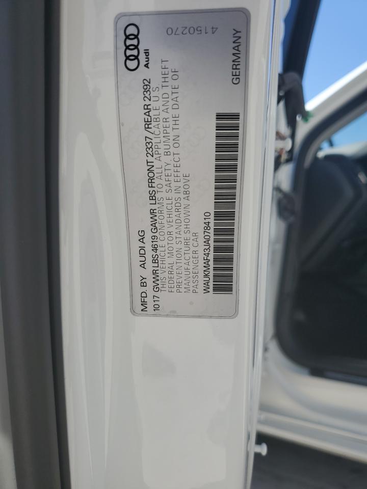 2018 Audi A4 VIN WAUKMAF43JA078410 Copart auction photo, front end / side damage thumbnail 13
