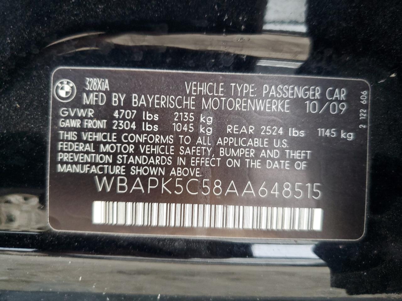 2010 BMW 3er VIN WBAPK5C58AA648515 Copart auction photo, normal wear damage thumbnail 12
